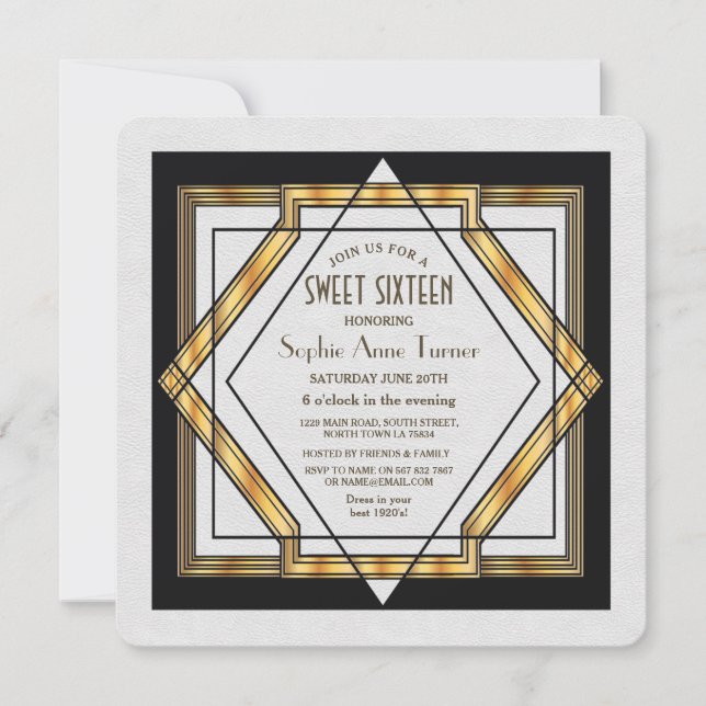 Great Gatsby Gold White Art Deco 1920s SWEET 16 Einladung (Vorderseite)