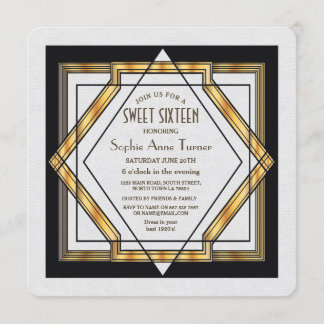 Great Gatsby Gold White Art Deco 1920s SWEET 16 Einladung
