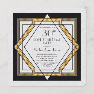 Great Gatsby Gold White Art Deco 30 Geburtstagspar Einladung