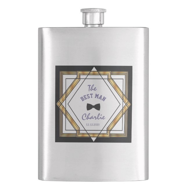Great Gatsby Gold White Art Deco Der TRAUZEUGE Flachmann (Vorderseite)