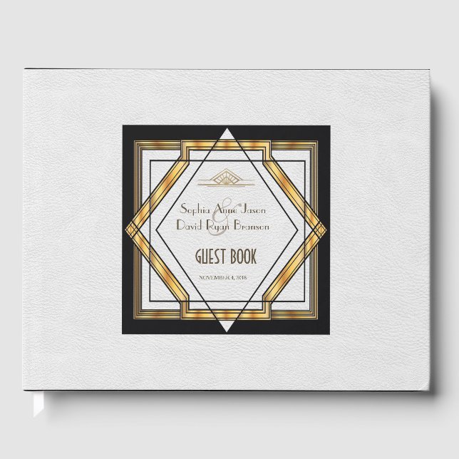 Great Gatsby Gold White Art Deco Hochzeit Gästebuch (Vorderseite)
