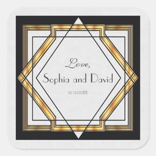 Great Gatsby Gold White Art Deco Hochzeit Quadratischer Aufkleber (Vorderseite)