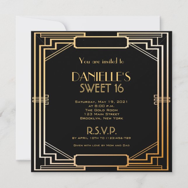 Great Gatsby Inspiriert Art Deco Sweet 16 Einladun Einladung (Vorderseite)