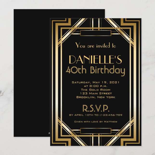 Great Gatsby Inspirred Art Deco Birthday Einladung (Vorne/Hinten)