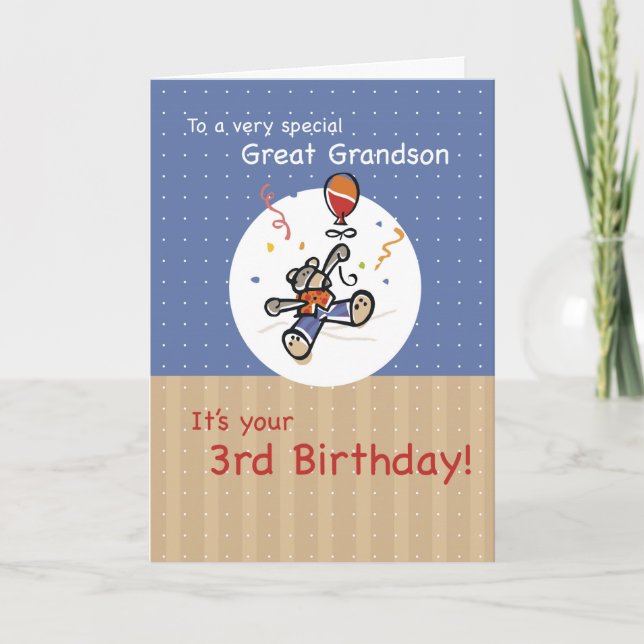 Great Grandson 3rd Teddy Bear Balloon Geburtstag Karte (Vorderseite)