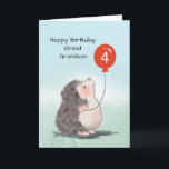 Great Grandson 4. Geburtstag Niedlicher Igel Ballo Karte<br><div class="desc">Begrüßen Sie Ihren Urenkel an seinem 4. Geburtstag mit dieser Karte. Das Aquarell und der Igel mit rotem Ballon sorgen für eine sehr niedliche Präsentation. Er wird das definitiv Liebe,  wenn du ihm diese Karte zum Geburtstag gibst.</div>