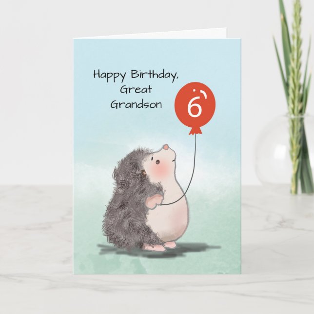 Great Grandson 6. Geburtstag Niedlicher Igel Ballo Karte (Vorderseite)
