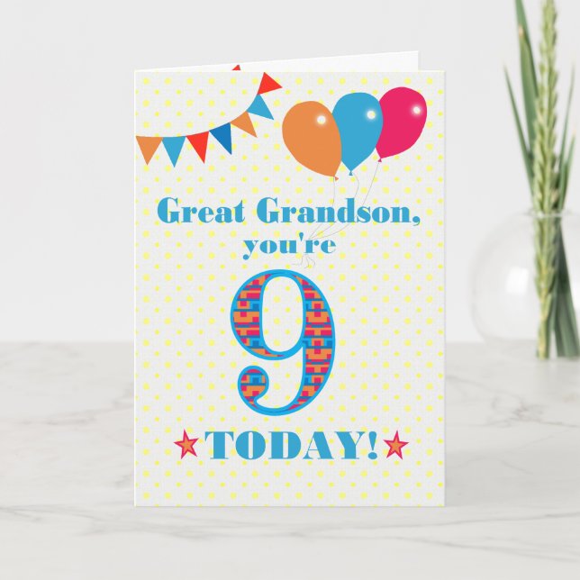 Great Grandson 9e Anniversaire carte de ballons à  (Devant)