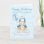 Great Grandson Blue Pinguin 1. Geburtstagskarte Karte<br><div class="desc">Eine niedliche Große Grandson 1. Geburtstagskarte für Pinguine. Auf der Karte befindet sich ein Pinguin, der auf einer Wolke sitzt und einen Ballon hält. Ein süßes Design für Ihren Urenkel oder Enkel, der 1 Jahr alt wird. Fügen Sie den Namen des Kindes an die Vorderseite der Karte, um ihn an...</div>