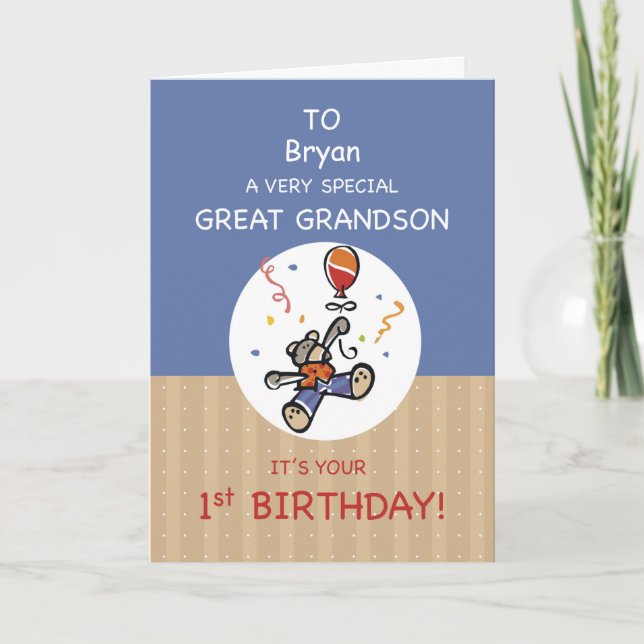 Great Grandson Individuelle Name 1. Teddy Bar Ball Karte (Vorderseite)