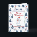 Great Grandson Merry Christmas Snowman Feiertagskarte<br><div class="desc">Eine schöne Weihnachtskarte für den Urenkel. Niedliche Schneemänner mit roten Weihnachtsmannmützen und Schals und schneebedeckte blauschneebedeckte Tannenbäume auf schneebedecktem Hintergrund. Der gesamte Text kann nach Bedarf geändert werden,  um ihn anzupassen - Ur-Enkel zu Enkel,  Neffe,  Sohn oder Bruder ändern,  dann mit einem Namen und einer inneren Nachricht personalisieren.</div>