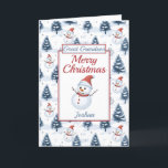 Great Grandson Merry Christmas Snowman Feiertagskarte<br><div class="desc">Eine schöne Weihnachtskarte für den Urenkel. Niedliche Schneemänner mit roten Weihnachtsmannmützen und Schals und schneebedeckte blauschneebedeckte Tannenbäume auf schneebedecktem Hintergrund. Der gesamte Text kann nach Bedarf geändert werden,  um ihn anzupassen - Ur-Enkel zu Enkel,  Neffe,  Sohn oder Bruder ändern,  dann mit einem Namen und einer inneren Nachricht personalisieren.</div>
