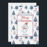 Great Grandson Merry Christmas Snowman Flat Feiertagskarte<br><div class="desc">Eine schöne Urenkel Flat Weihnachtskarte. Niedliche Schneemänner mit roten Weihnachtsmannmützen und Schals und schneebedeckte blauschneebedeckte Tannenbäume auf schneebedecktem Hintergrund. Der gesamte Text kann nach Bedarf geändert werden,  um ihn anzupassen - Ur-Enkel zu Enkel,  Neffe,  Sohn oder Bruder ändern,  dann mit einem Namen und einer inneren Nachricht personalisieren.</div>