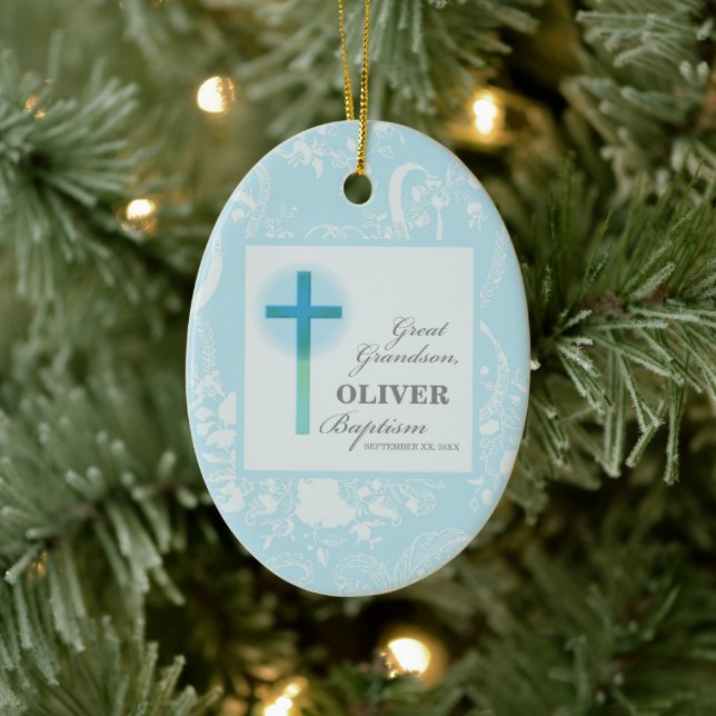 Great Grandson Taufe Blue Lace Personalisiert Keramik Ornament (Baum)