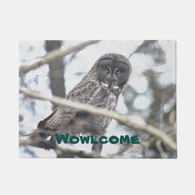 Great Gray Owl on Branch Welcome Mat Fußmatte (Vorderseite)