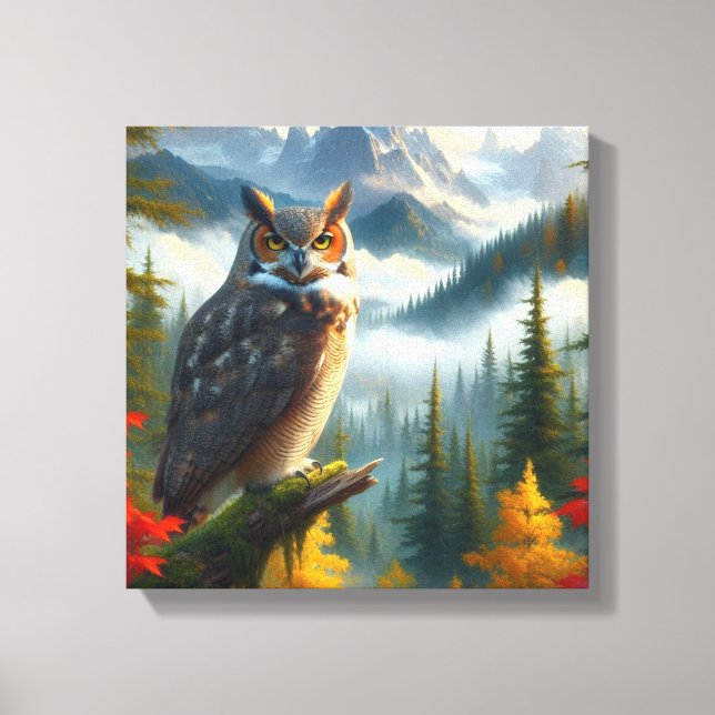Great Horned Owl in Herbstsaison Wasserfarbe Leinwanddruck (Vorderseite)