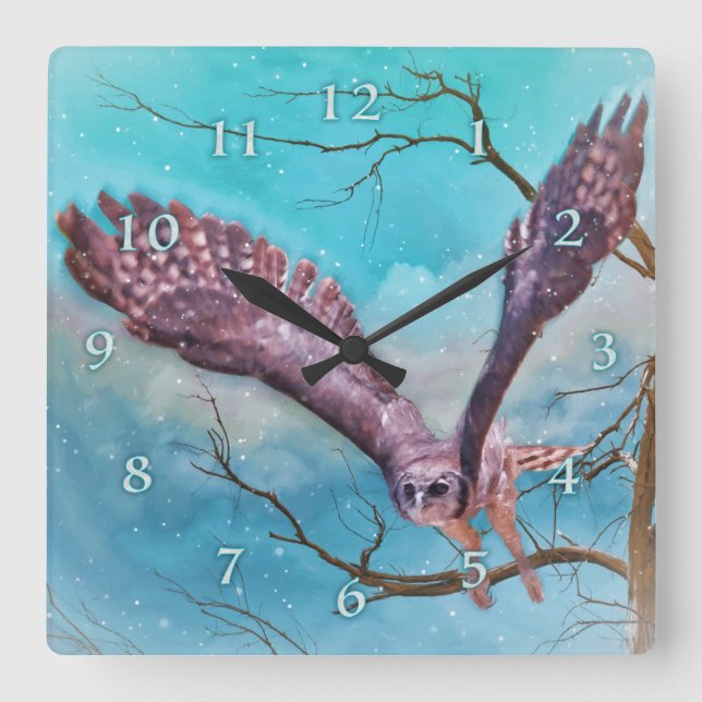Great Horned Owl "Winter Soldier" Quadratische Wanduhr (Vorderseite)