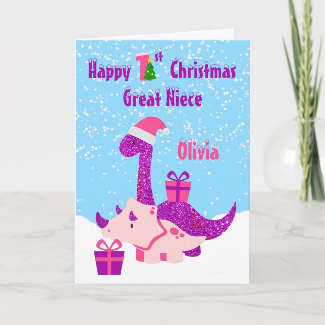 Great Niece 1 Christmas Dinosaurier Lila Karte (Vorderseite)