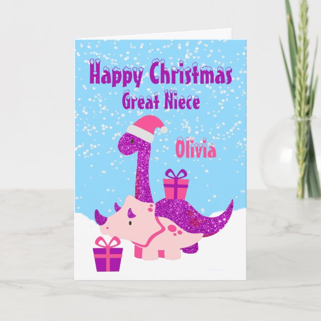 Great Niece Happy Christmas Dinosaur Lila Karte (Vorderseite)