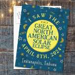 Great North American Solar Eclipse Apr 2024 Custom Postkarte<br><div class="desc">Am 8. April 2024 wird in weiten Teilen der Vereinigten Staaten, Mexikos und Kanadas eine totale Sonnenfinsternis sichtbar sein. Wenn Sie dieses aufregende Ereignis mit einem lustigen Party feiern möchten, dann sind diese Andenkenkarten für Sie perfekt. Im Text steht: "Ich habe die Great North American Solar Eclipse 8. April 2024...</div>
