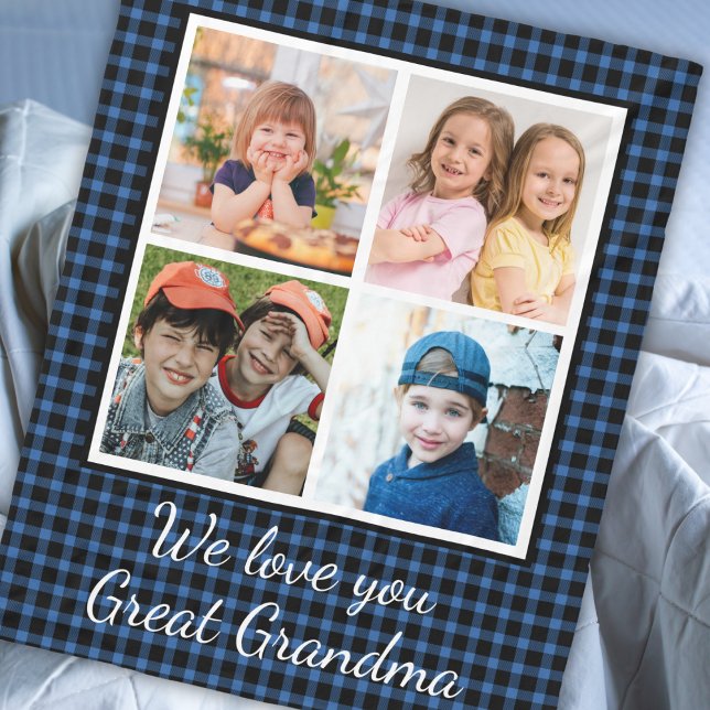 Great Oma Blue Buffalo Kariert 4 Foto Collage Fleecedecke (Personalized great grandma blanket with 4 photo template -holiday blue buffalo plaid blanket)