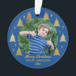 Great Opa Blue and Gold Christmas Trees Foto Ornament<br><div class="desc">Erstellen Sie Ihr eigenes Foto Weihnachtsschmuck in Blau mit goldenen Weihnachtsbäumen und bearbeitbaren Formulierungen. Das Foto-Template ist für Sie Set,  um eines Ihrer Lieblingsfotos hinzuzufügen,  das mit Goldbäumen und Sternen gerahmt sein wird. Der Wortlaut liest derzeit Merry Christmas Great Opa 20xx und Sie können es bearbeiten,  wie Sie möchten.</div>