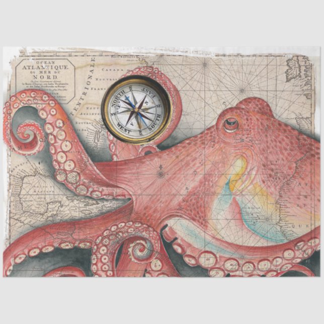 Great Pacific Octopus Vintag Map Kompass Art Seidenpapier (Vorderseite)
