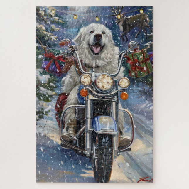 Great Pyrenäen Dog Riding Motorrad Weihnachten (Vertikal)