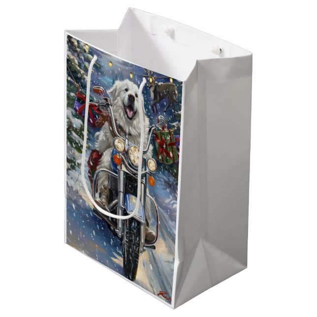 Great Pyrenäen Dog Riding Motorrad Weihnachten Mittlere Geschenktüte (Vorderseite Schrägansicht)
