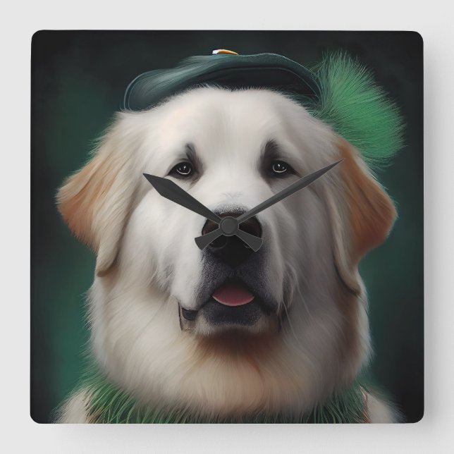 Great Pyrenäen Hund in St. Patrick's Day Dress Quadratische Wanduhr (Vorderseite)