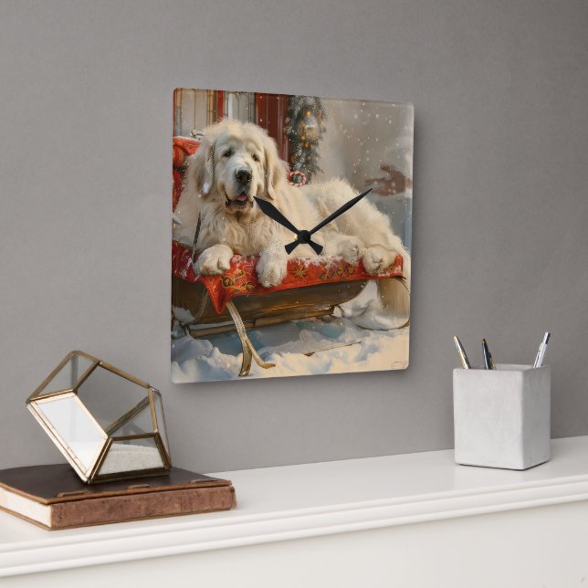 Great Pyrenäen Hund Weihnachten Feierliche Quadratische Wanduhr (Büro)