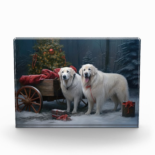 Great Pyrenäen Snowy Sleigh Weihnachtsdekor Fotoblock (Vorderseite)