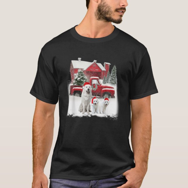 Great Pyrenäen Weihnachtsmannmütze Red Truck Tree  T-Shirt (Vorderseite)
