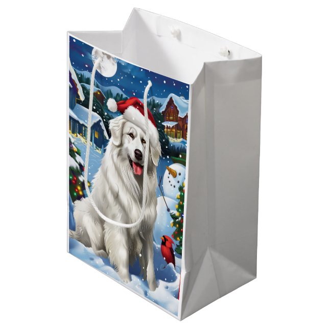 Great Pyrenäen Winter Wunderland Weihnachtsfreuden Mittlere Geschenktüte (Vorderseite Schrägansicht)
