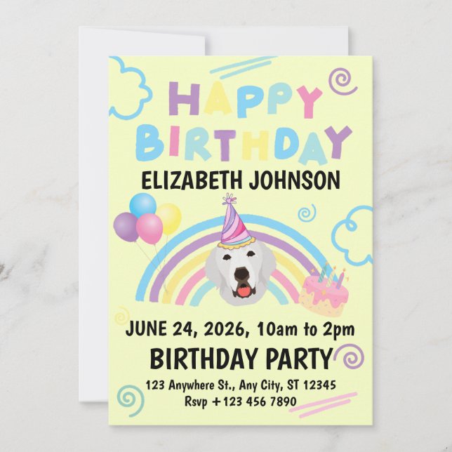 Great Pyrenees Birthday Invitation Yellow (Devant)