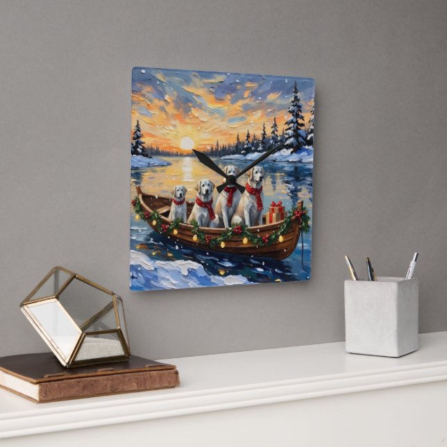 Great Pyrenees Christmas Boat Holiday Quadratische Wanduhr (Büro)
