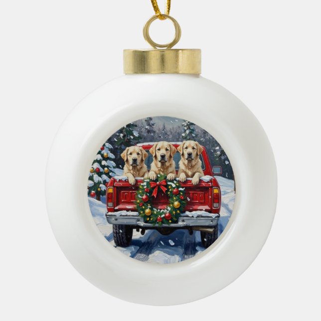 Great Pyrenees Christmas Red Truck Holiday Keramik Kugel-Ornament (Vorderseite)