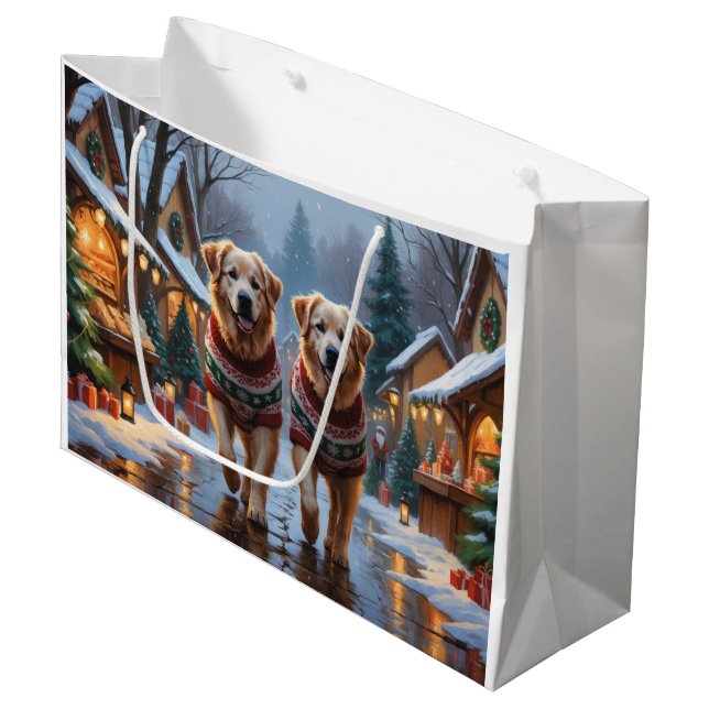 Great Pyrenees Dogs Christmas Snow Holiday  Große Geschenktüte (Vorderseite Schrägansicht)
