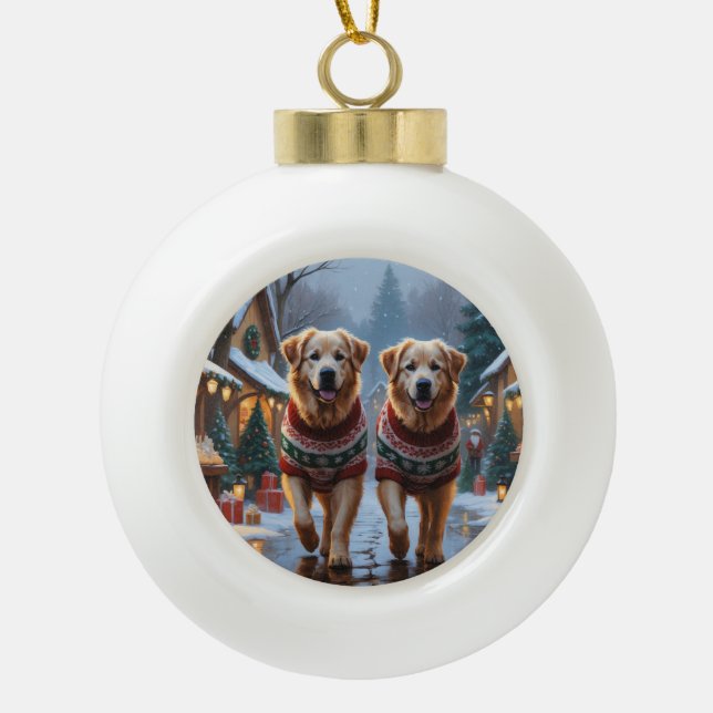 Great Pyrenees Dogs Christmas Snow Holiday  Keramik Kugel-Ornament (Vorderseite)