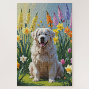 Great Pyrenees Hund Frühlingsblumen Malerei