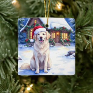 Great Pyrenees Schneebedeckte Berghütte Santa-Hut Keramikornament