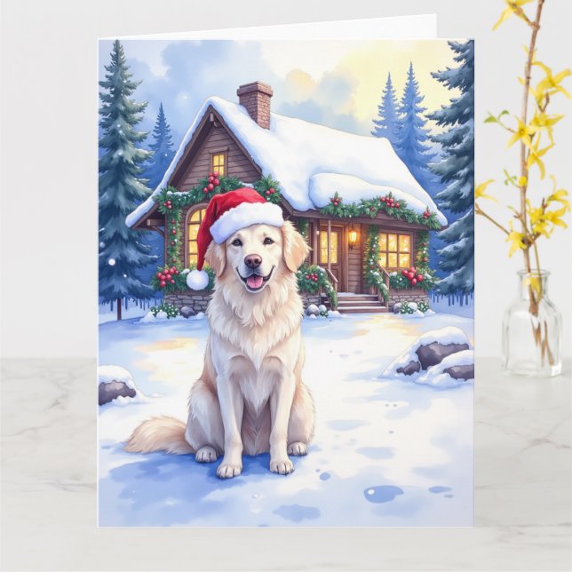 Great Pyrenees Snowy Mountain Lodge Santa Hat Karte (Gelbe Blume)