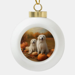 Great Pyrenees Welpe Herbstfreude Kürbis  Keramik Kugel-Ornament