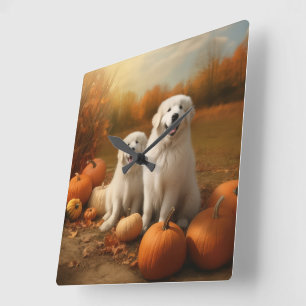 Great Pyrenees Welpe Herbstfreude Kürbis  Quadratische Wanduhr