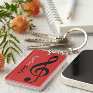 great red musical key-chain with name and initials