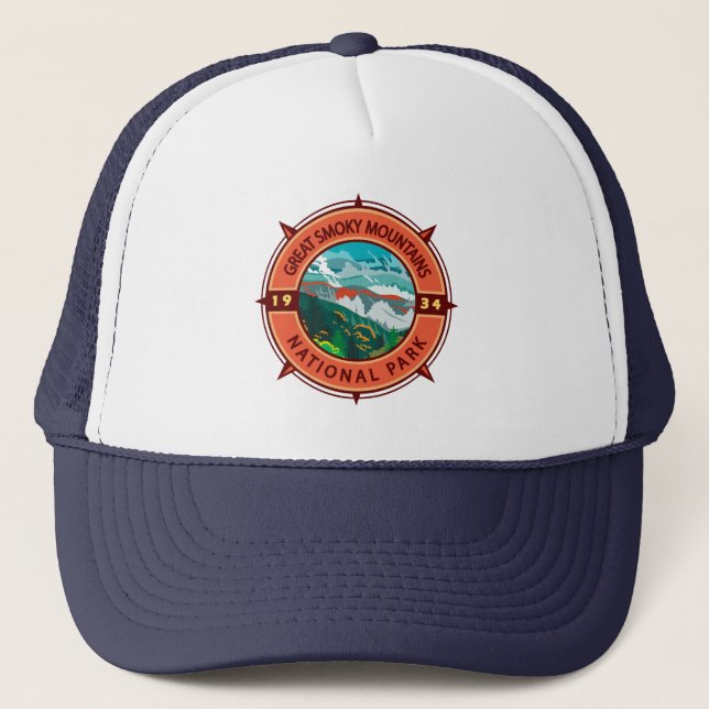 Great Smoky Mountains National Park Retro Kompass Truckerkappe (Vorderseite)