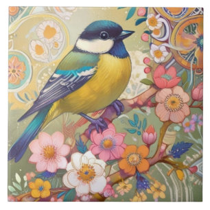 Great Tit Chickadee Bird farbenfrohe Blume Fliese