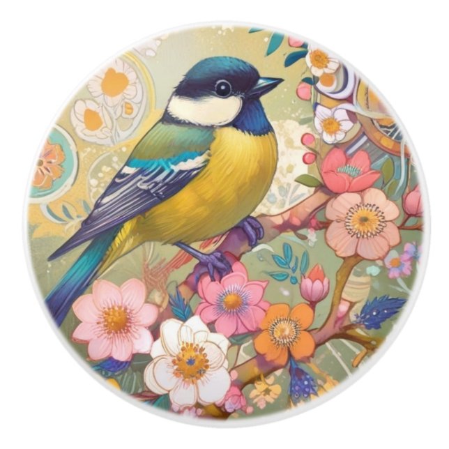 Great Tit Chickadee Bird farbenfrohe Blume Keramikknauf (Vorderseite)