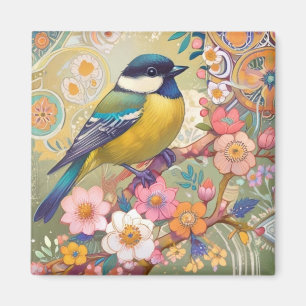 Great Tit Chickadee Bird farbenfrohe Blume Magnet