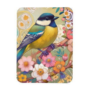 Great Tit Chickadee Bird farbenfrohe Blume Magnet